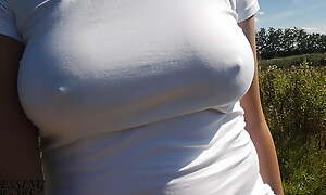 Nice walk without a bra, nipples beam through my lacklustre shirt (see through shirt) - boob walk