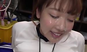 Sporty Japanese girl gets her whole face covered in the money cum